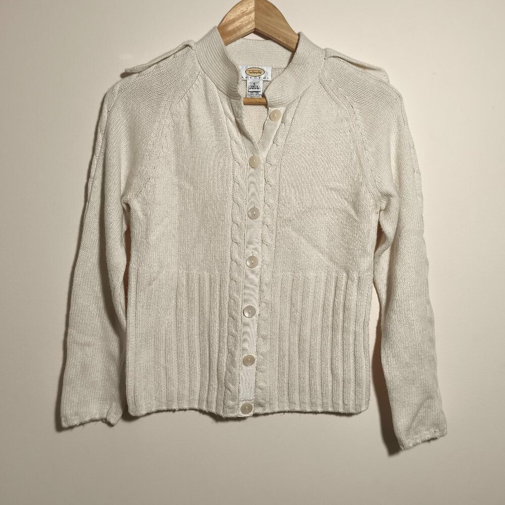 90s Talbots Cable Knit Cotton Button Down Cardigan sz S Ivory Preppy Old Money